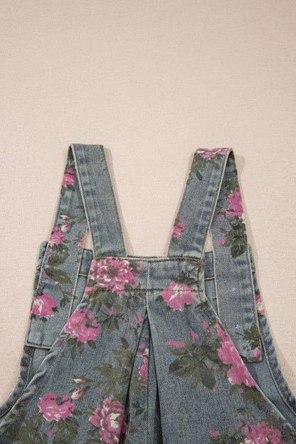 Blue Beau Floral Print Pleated High Waist Wide Leg Denim Jumpsuit