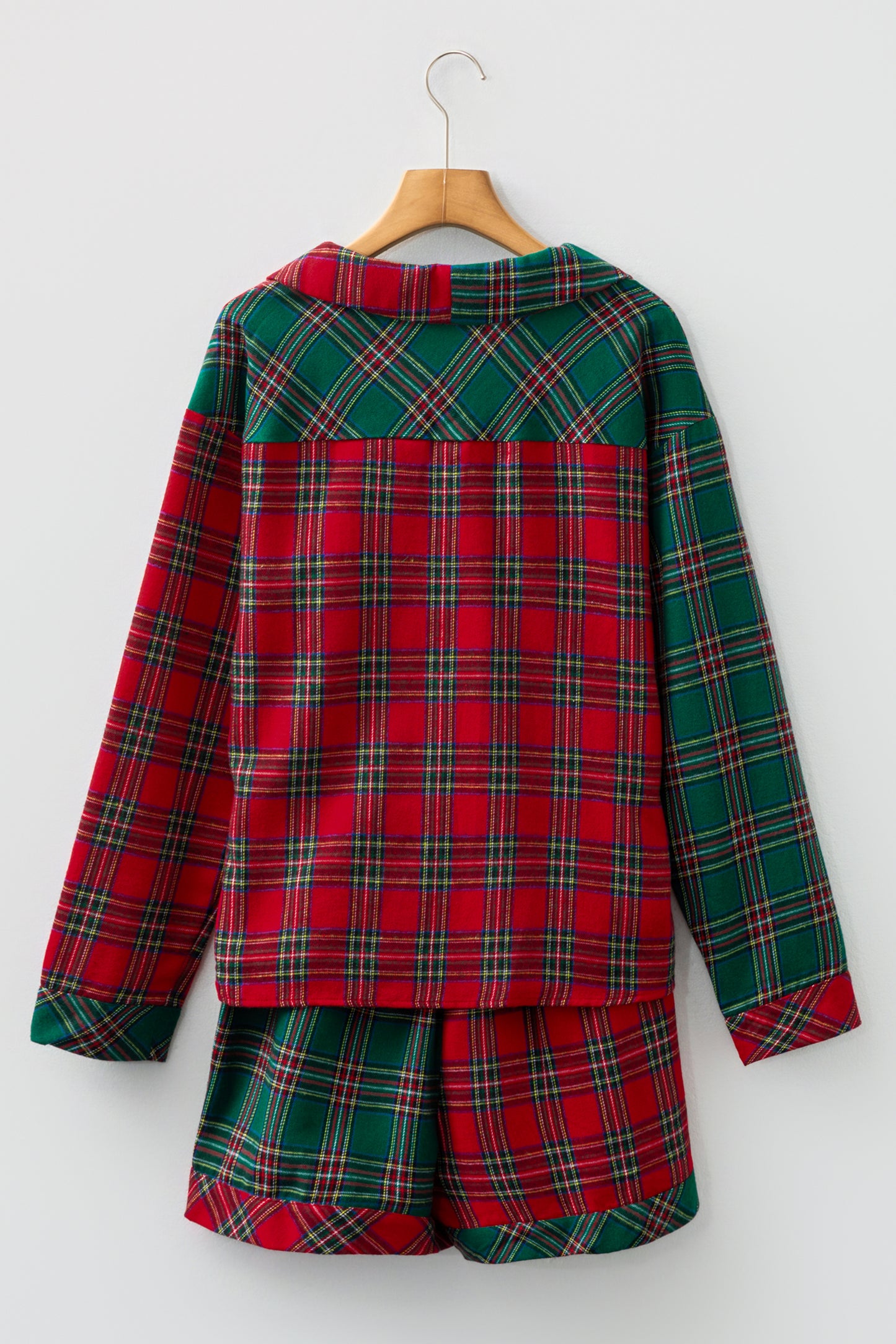 Green Plaid Contrast Patched Christmas Holiday Long Sleeve Shirt and Short 2pcs Pajama Set