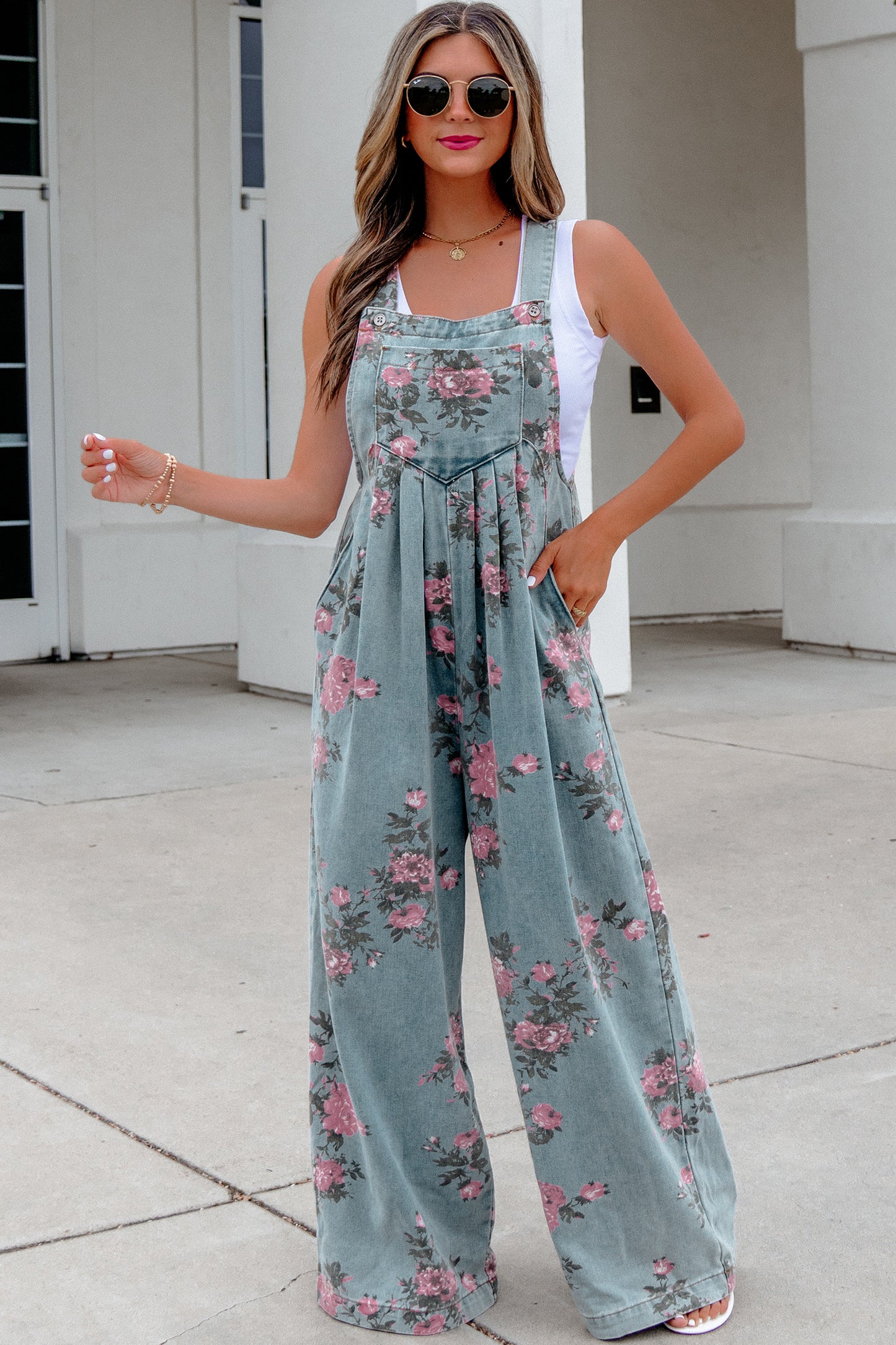 Blue Beau Floral Print Pleated High Waist Wide Leg Denim Jumpsuit