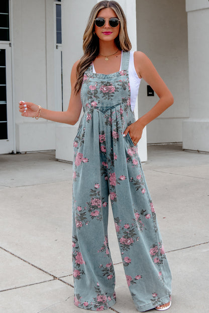 Blue Beau Floral Print Pleated High Waist Wide Leg Denim Jumpsuit