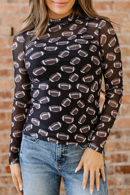 Brown Game Day Rugby Mesh Sheer Long Sleeve Top