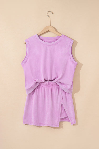 Light Pink 2 Pieces Mineral Wash Cotton Tank Top Lined Split Skirt Set