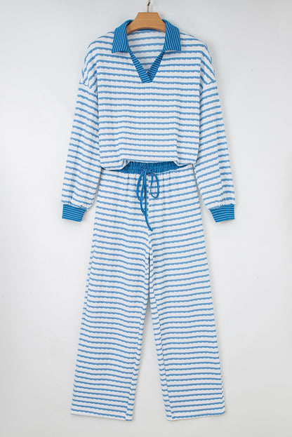 White Stripe Collared Pullover Top and Drawstring Pant Set