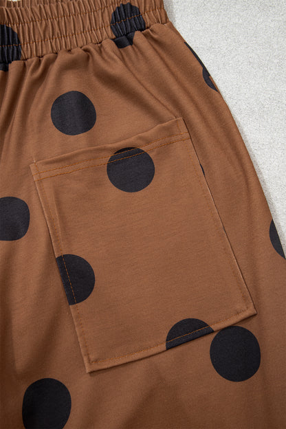 Beige Polka Dot Wide Leg Elastic Waist Casual Pants