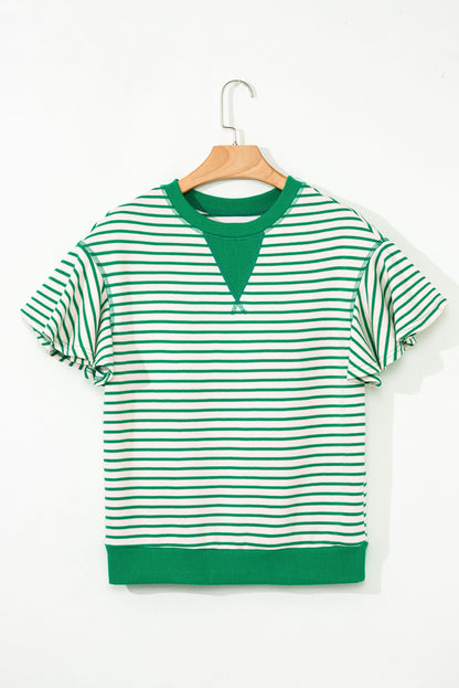 Parchment Contrast Detail Striped Ruffle Short Sleeve Top