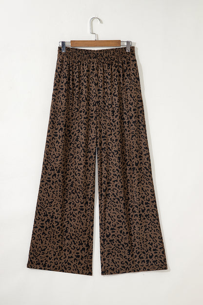 Dark Brown Leopard Print Elastic High Waist Loose Corduroy Pants