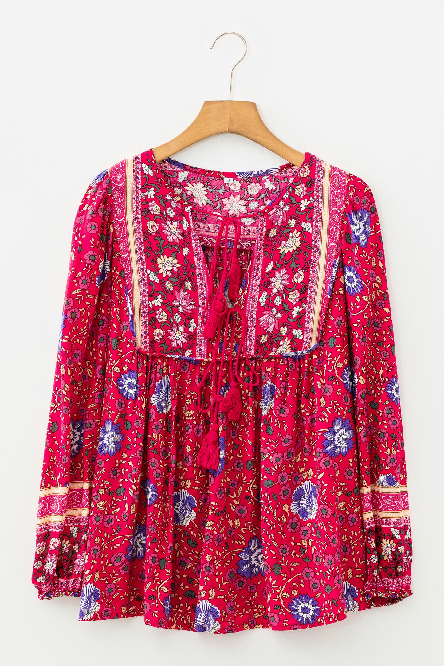 Blue Bohemian Floral Print Tassel Tie Front Long Sleeve Blouse