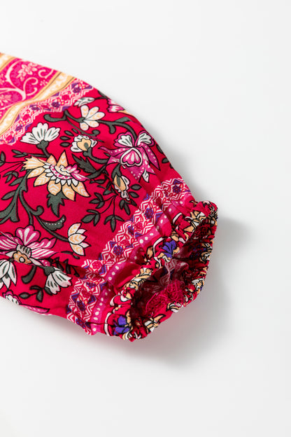 Blue Bohemian Floral Print Tassel Tie Front Long Sleeve Blouse