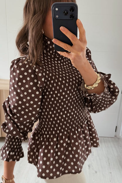 Brown Polka Dot Ruffled High Neck Shirred Ruffle Hem Blouse