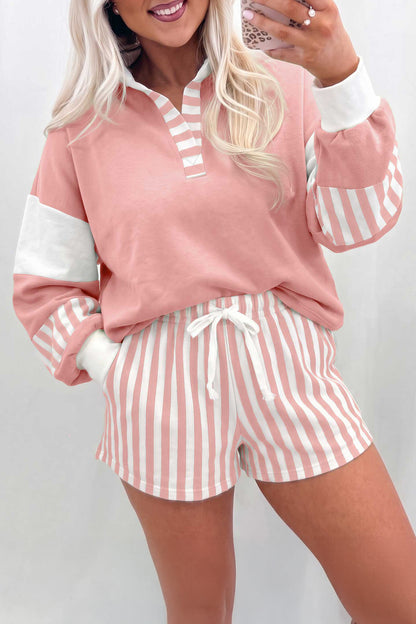 Smoke Gray Striped Color Block Pullover Top Drawstring Shorts Set