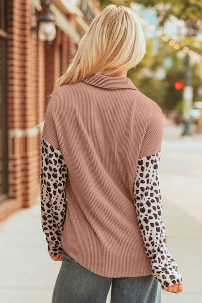 Rose Red Leopard Patched Twisted Ribbed Western Casual Shacket