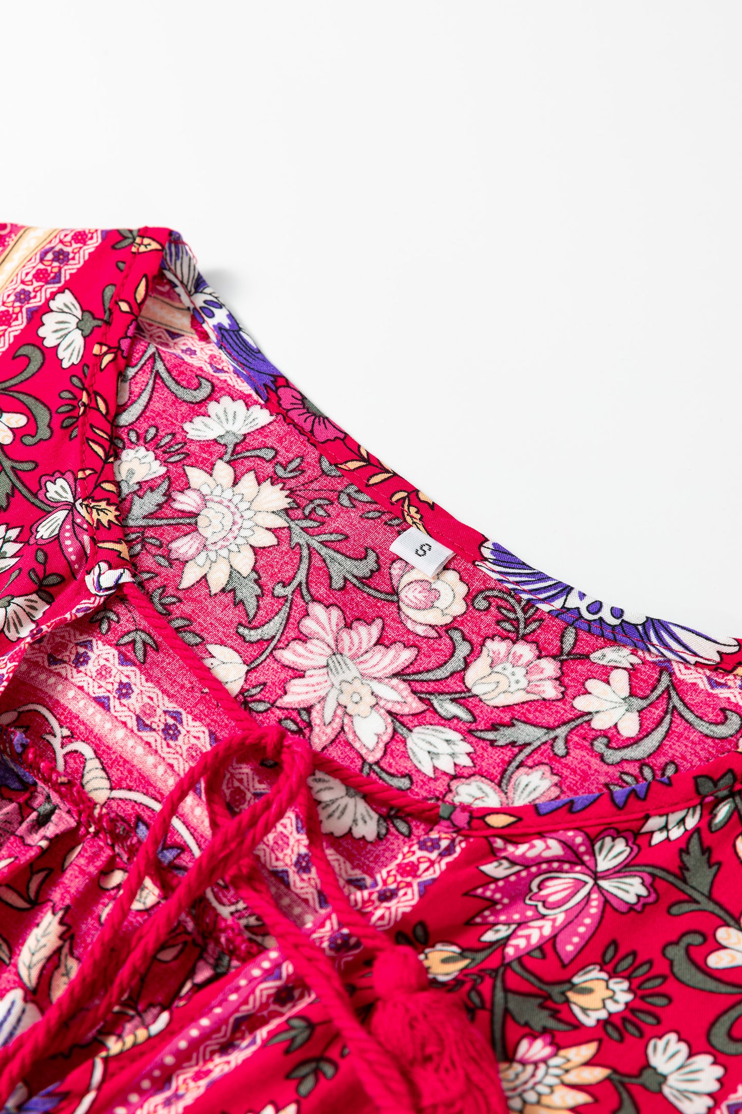 Blue Bohemian Floral Print Tassel Tie Front Long Sleeve Blouse