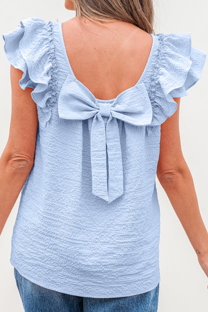 Beige Textured Bow Knot Frilled Butterfly Sleeve Blouse