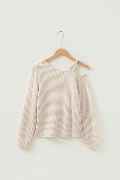 Jet Stream Solid Color Textured Knit Asymmetric Shoulder Long Sleeve Top