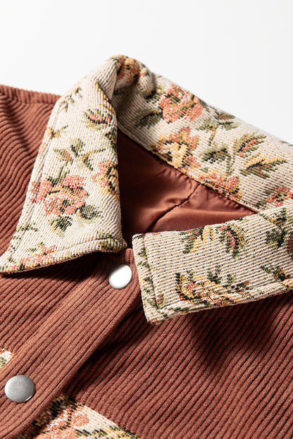Medium Grey Ribbed Retro Floral Patchwork Shirt Style Jacket