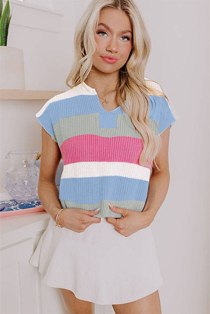 Multicolour Color Block Notch V Neck Sweater T Shirt