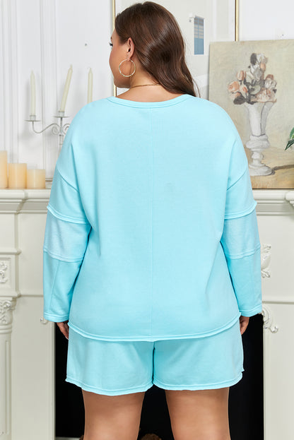 Aruba Blue Plus Size Solid Color Splicing Raw Hem Pullover Top Shorts Set