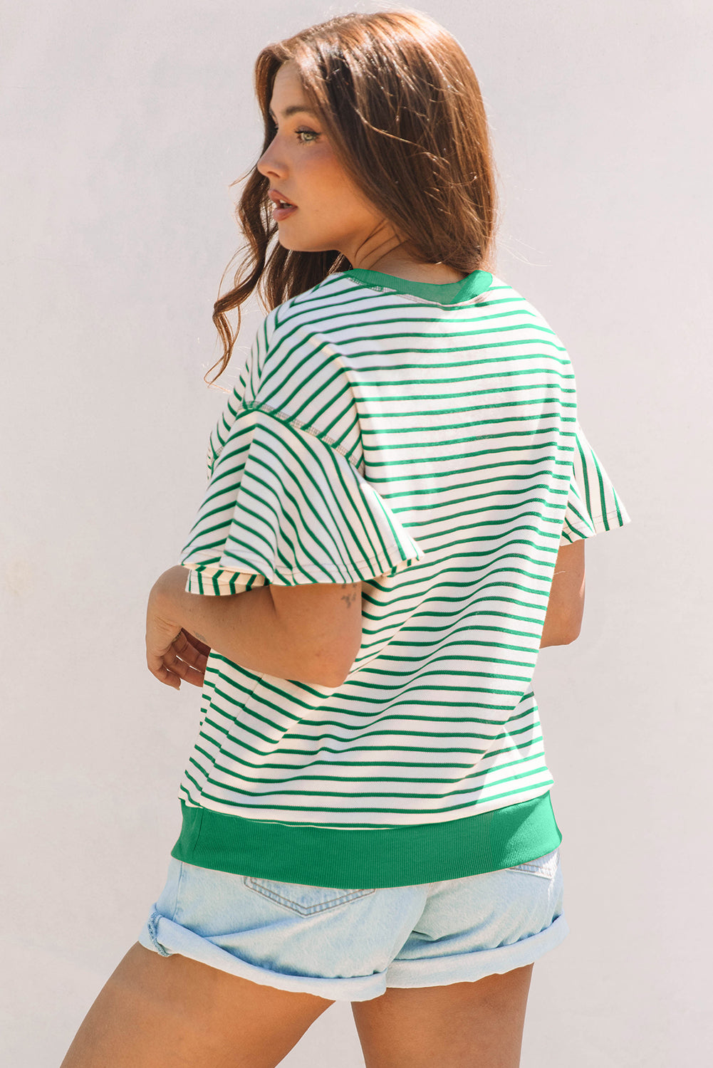 Parchment Contrast Detail Striped Ruffle Short Sleeve Top