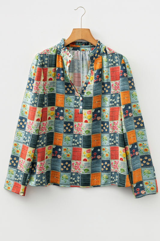 Sky Blue Fall Floral Half Placket Collared V Neck Blouse