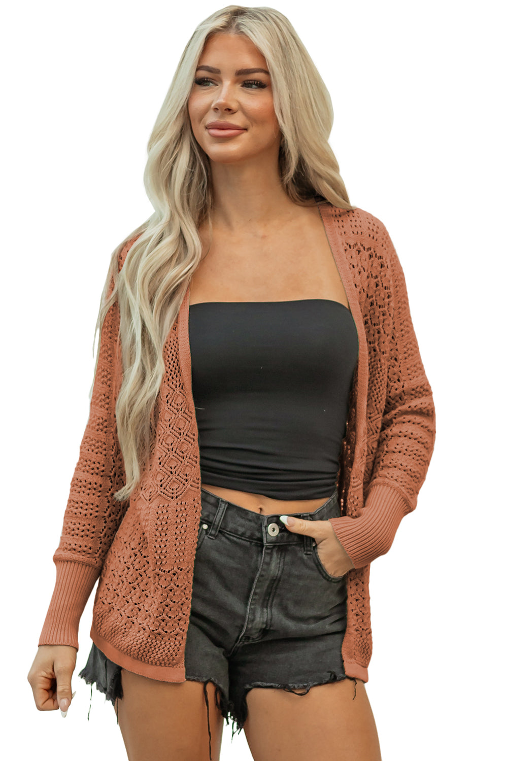 Redwood Burl Mix Pattern Hollowed Knit Open Front Cardigan