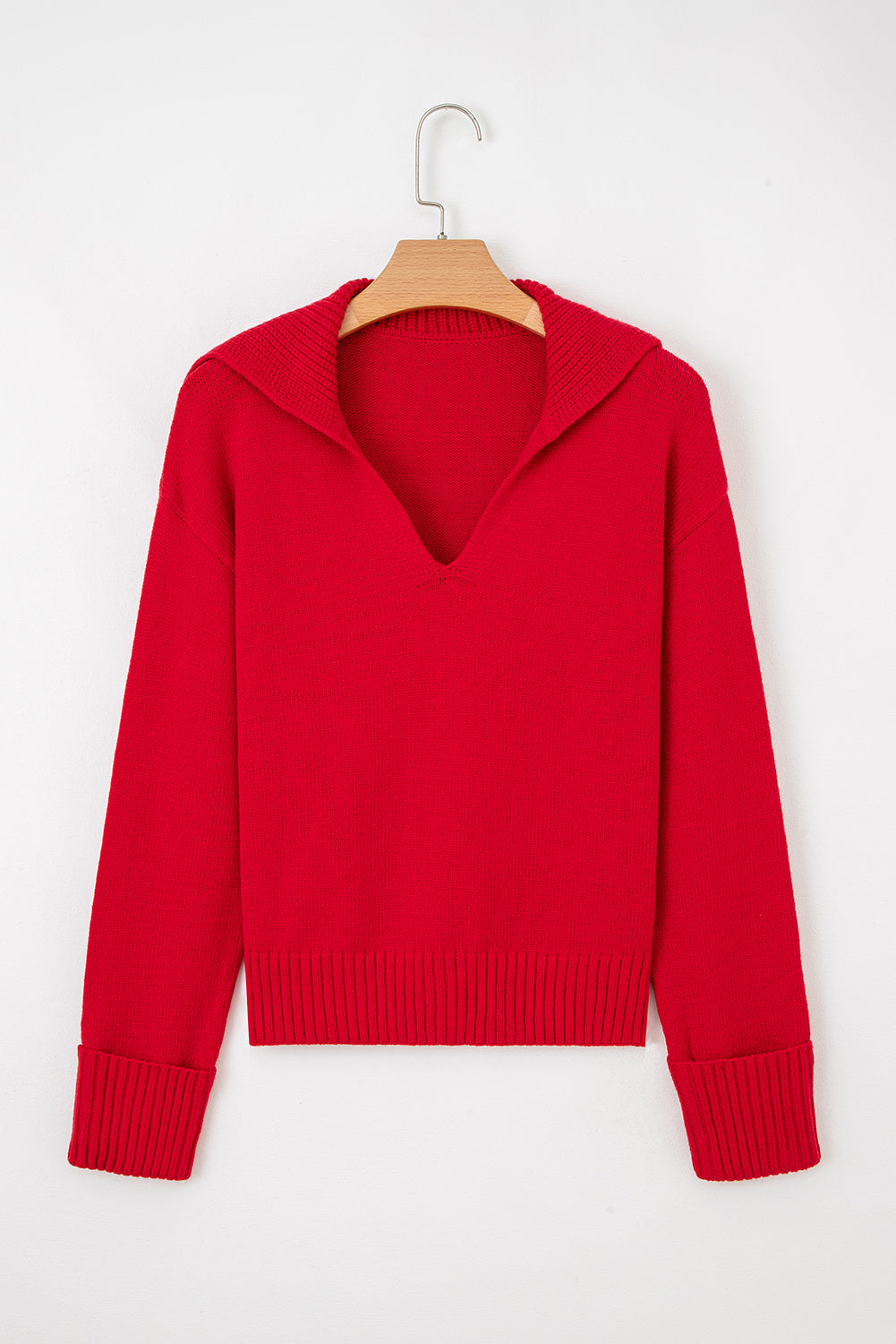 Racing Red Collared V Neck Ribbed Edge Sexy Elegant Sweater