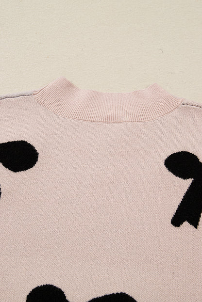 Smoke Gray Pearl Embellished Bow Pattern Loose Sweater