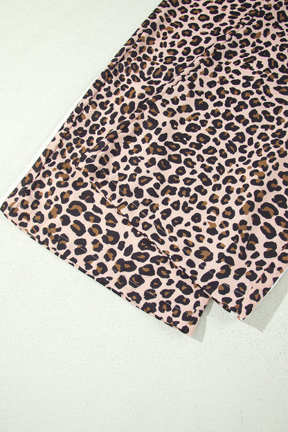Beige Leopard Print Side Striped Detail Casual Wide Leg Pants
