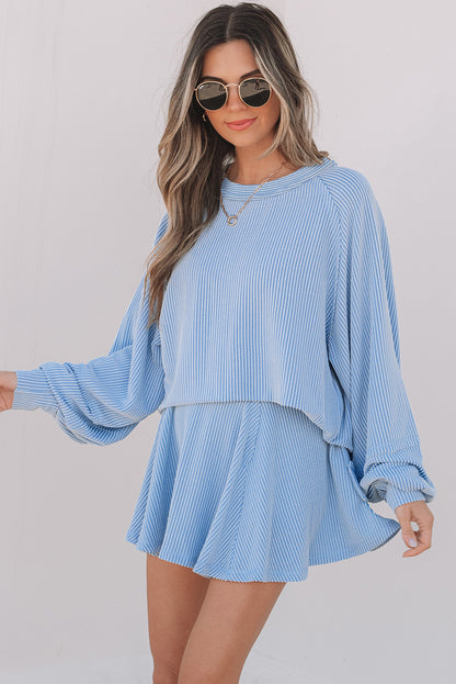Jet Stream Corded Lantern Sleeve Top High Waist Ruffled Mini Skirt Set