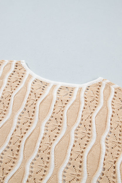 Khaki Wavy Detail Hollow Out Knit Long Sleeve Cotton Pullover Sweater