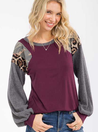 Women's Long Sleeve Colorblock Contrast Print Loose Fit Top