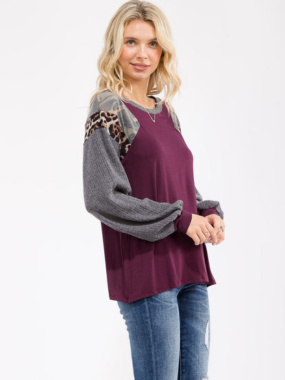 Women's Long Sleeve Colorblock Contrast Print Loose Fit Top