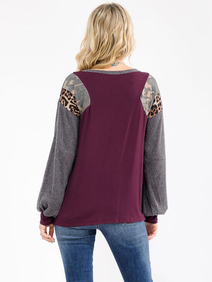 Women's Long Sleeve Colorblock Contrast Print Loose Fit Top