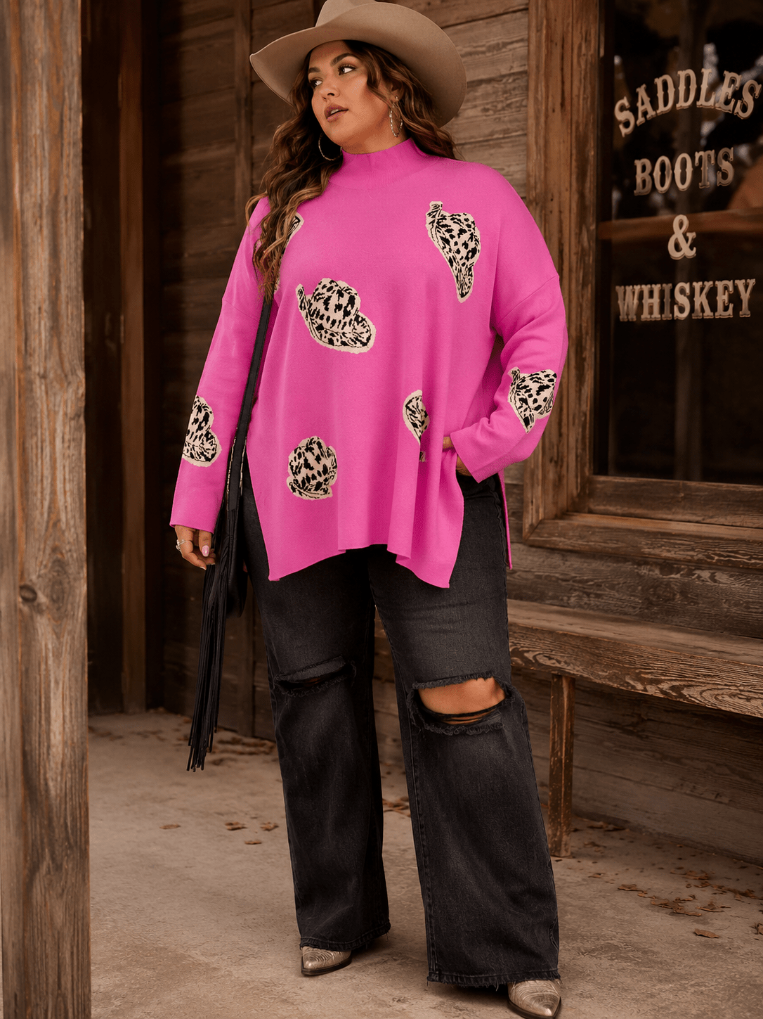 Plus Size Long Sleeve Mock Neck Graphic Pullover Oversized Sweater