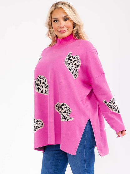 Plus Size Long Sleeve Mock Neck Graphic Pullover Oversized Sweater