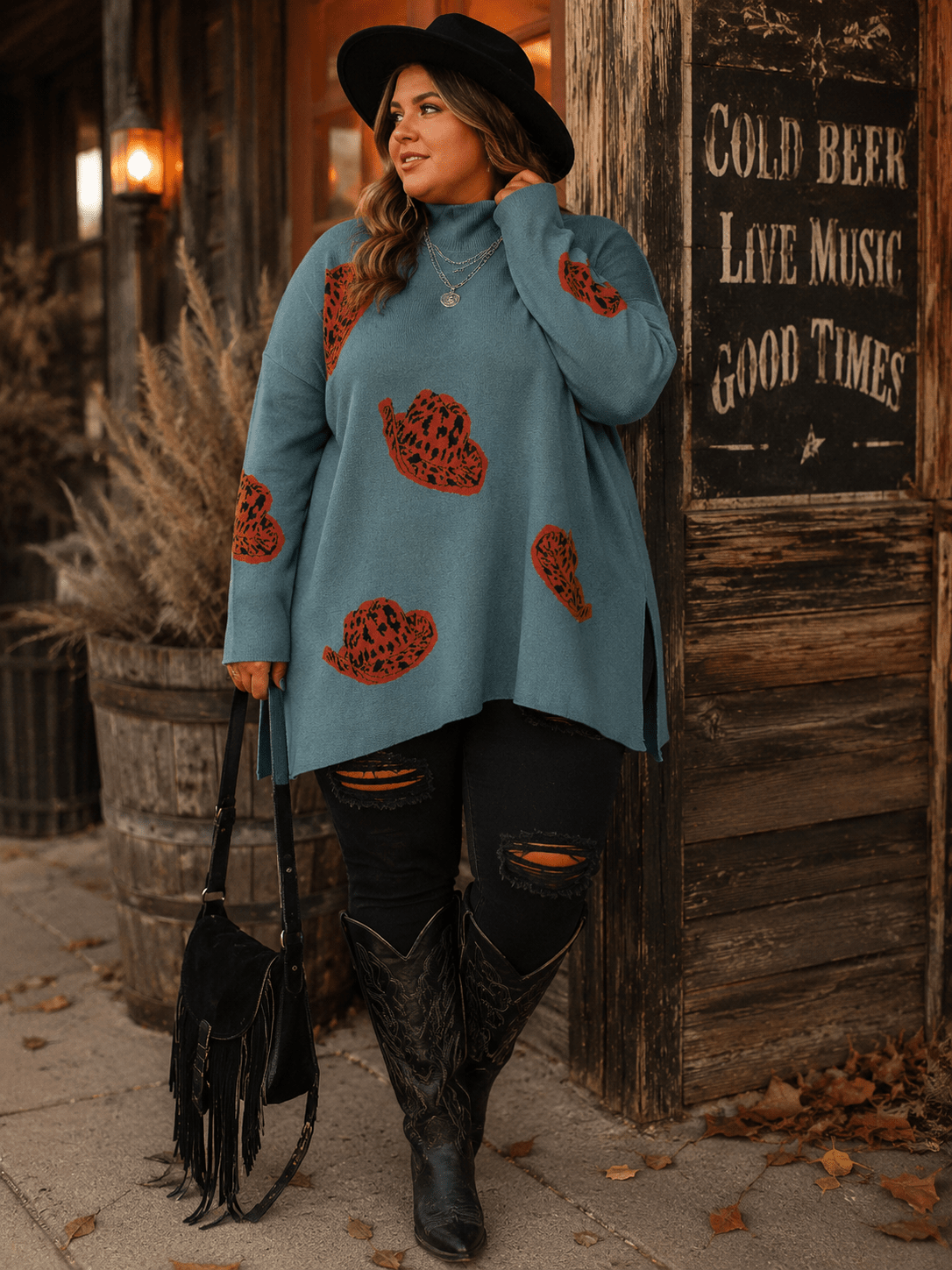 Plus Size Long Sleeve Mock Neck Graphic Pullover Oversized Sweater