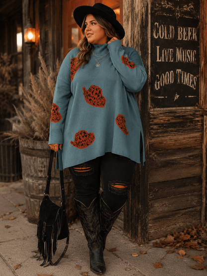 Plus Size Long Sleeve Mock Neck Graphic Pullover Oversized Sweater