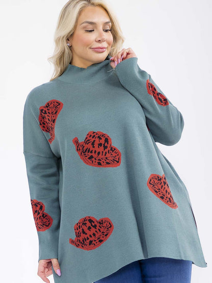 Plus Size Long Sleeve Mock Neck Graphic Pullover Oversized Sweater