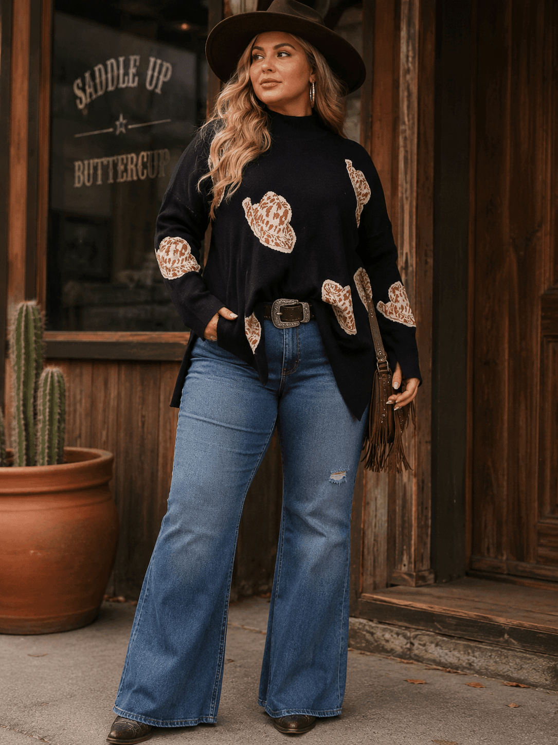 Plus Size Long Sleeve Mock Neck Graphic Pullover Oversized Sweater