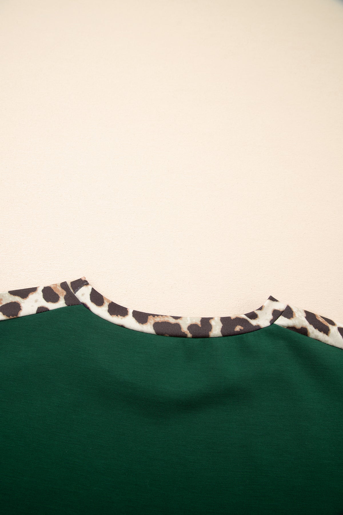Leopard Trim Round Neck Loose T Shirt