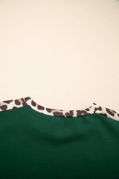 Leopard Trim Round Neck Loose T Shirt