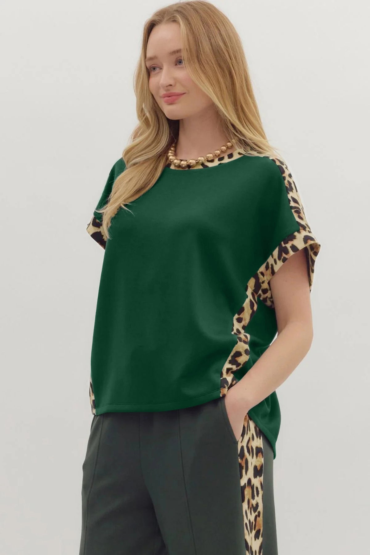 Leopard Trim Round Neck Loose T Shirt