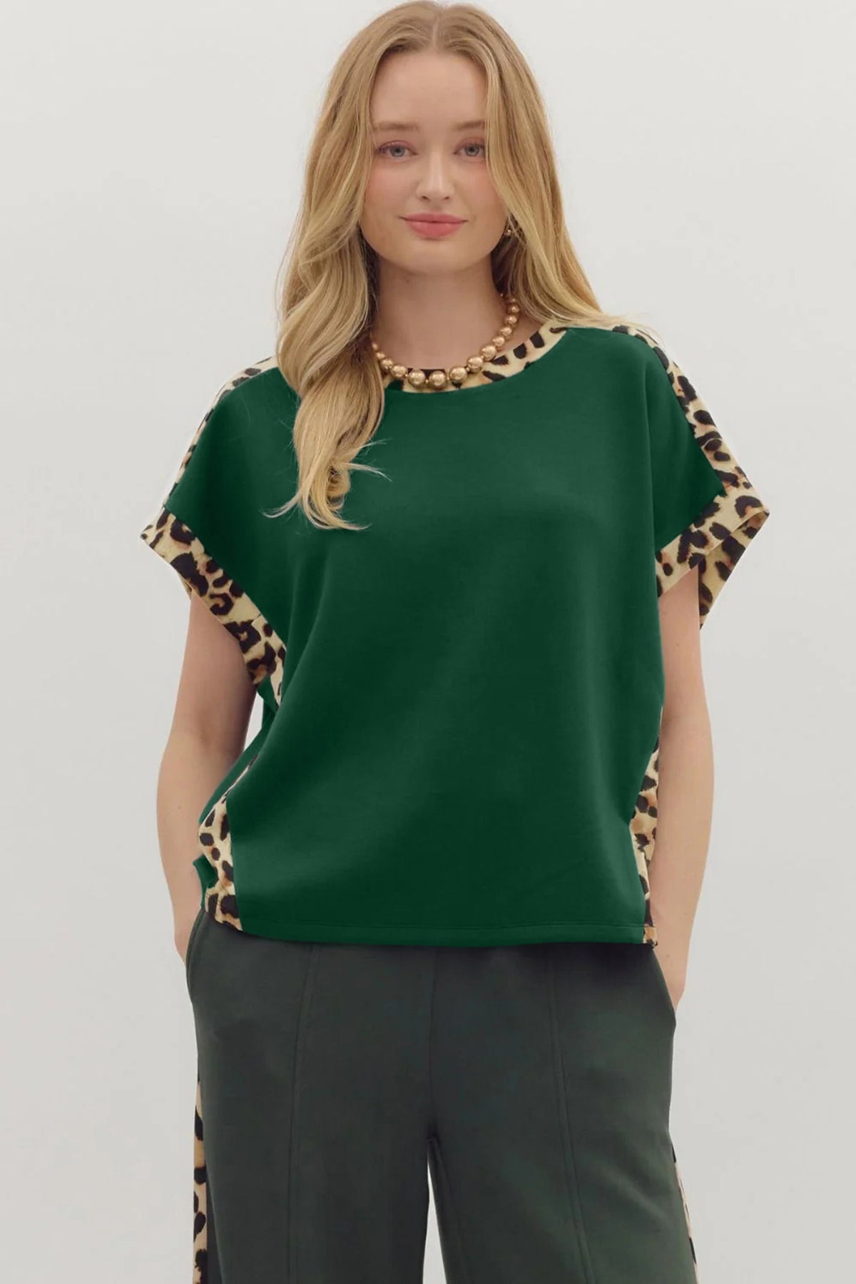 Leopard Trim Round Neck Loose T Shirt