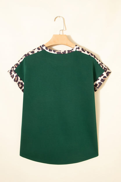 Leopard Trim Round Neck Loose T Shirt