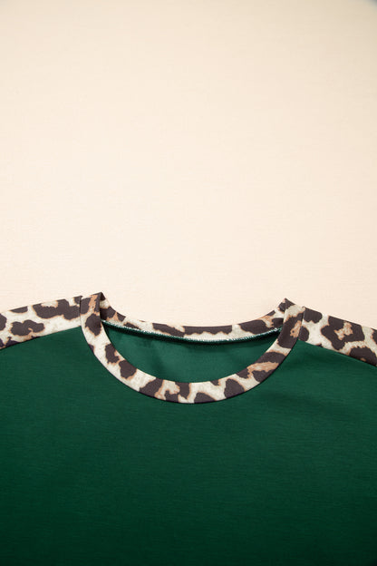 Leopard Trim Round Neck Loose T Shirt