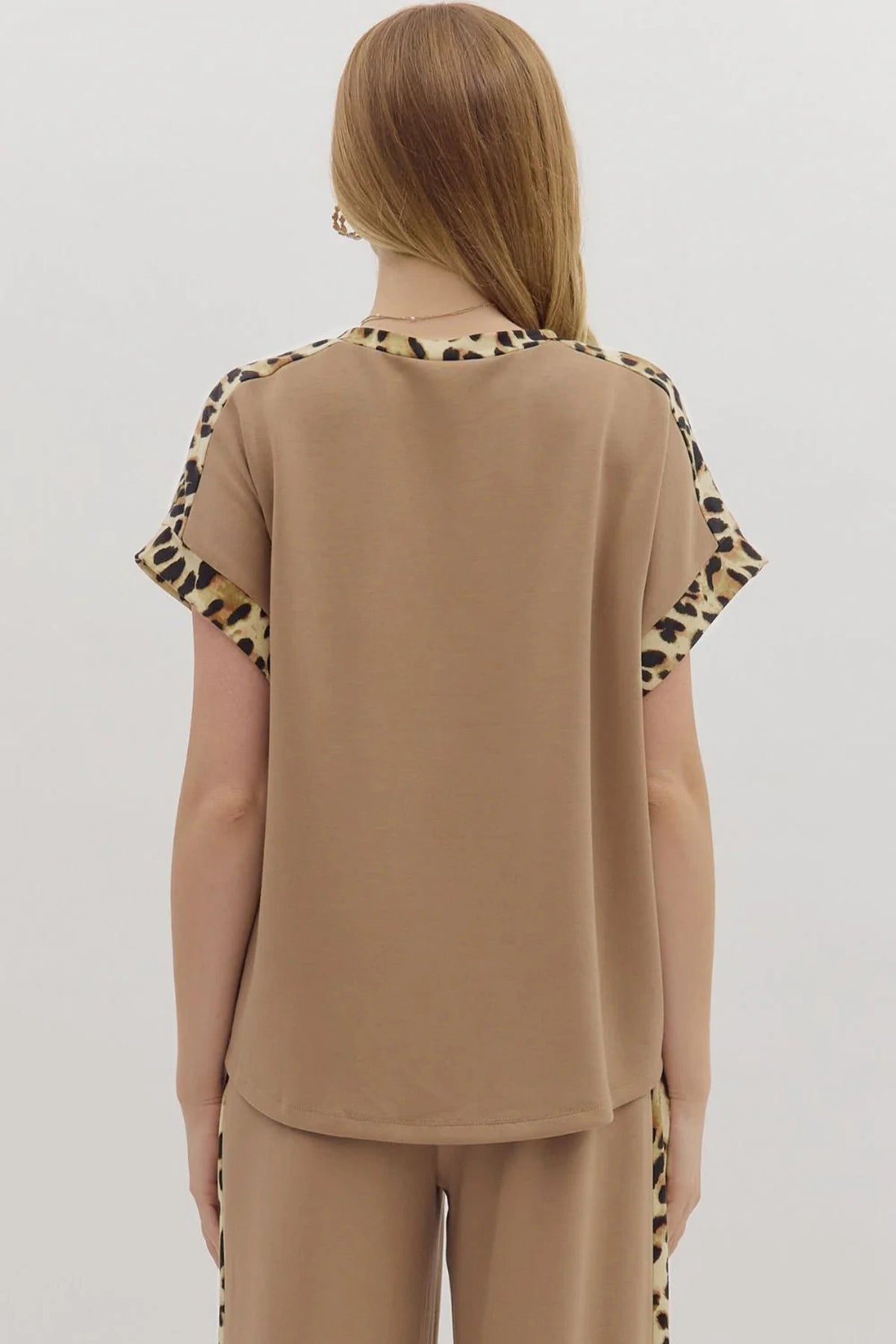 Leopard Trim Round Neck Loose T Shirt