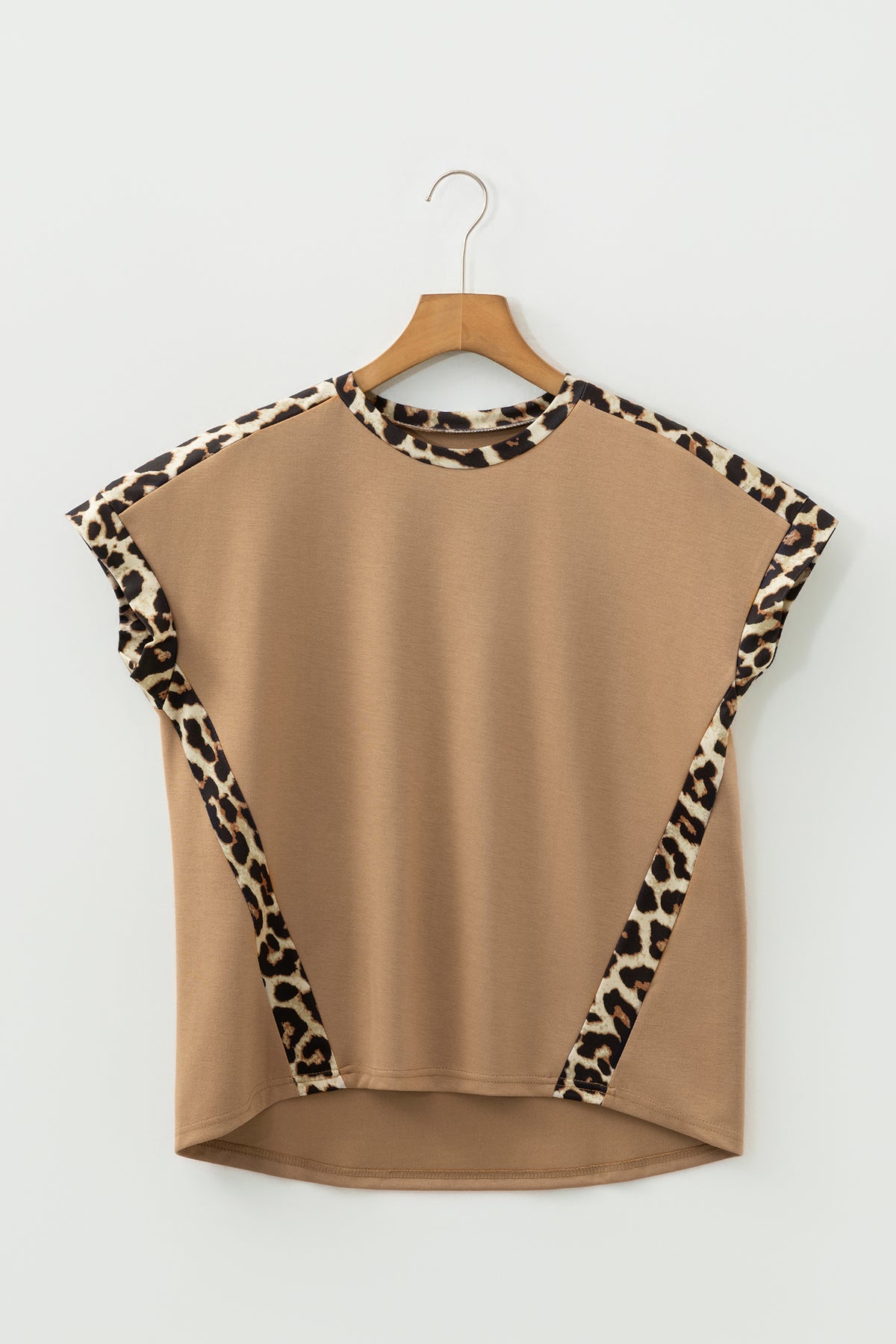 Leopard Trim Round Neck Loose T Shirt