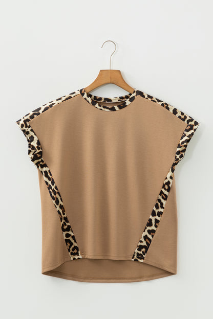 Leopard Trim Round Neck Loose T Shirt