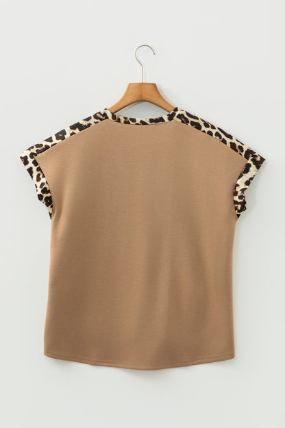 Leopard Trim Round Neck Loose T Shirt