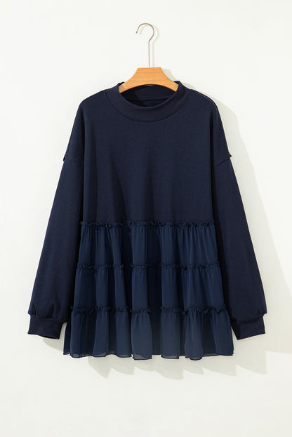 Pink Tiered Ruffle Ribbed Crew Neck Pullover Plus Size Top