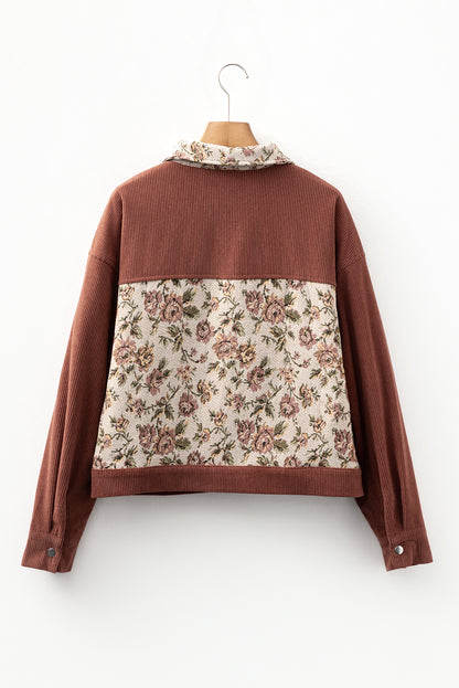 Medium Grey Ribbed Retro Floral Patchwork Shirt Style Jacket